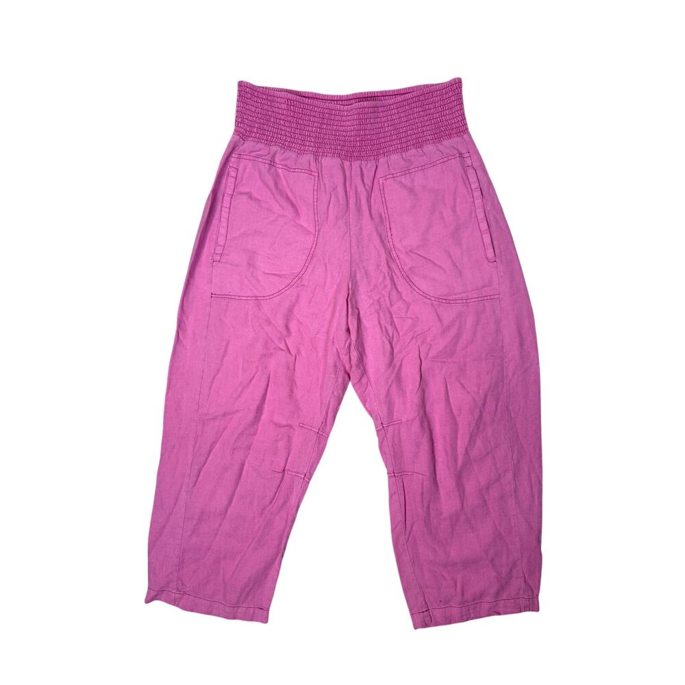 Anthropologie Pilcro Reese Linen Barrel Leg Smocked Pull On Pants Pink Medium